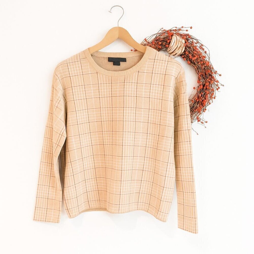Tahari Womens Pullover Crewneck Sweater Top SMALL Cream Brown Plaid Long Sleeve